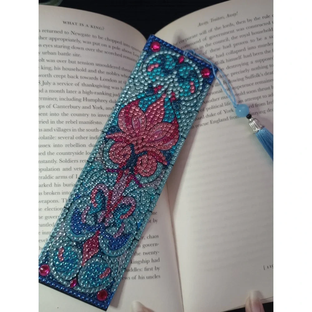 Diamond Painting Floral Bookmark with Blue Tassel | Handmade Resin Rhinestone...